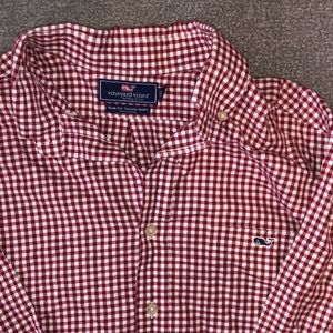 Red and white checkered button down
